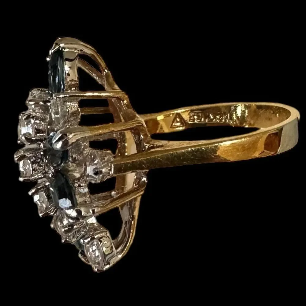 Vintage 18KT HGF Gold Sapphire blue gemstone and CZ cocktail ring Size 8-8.5